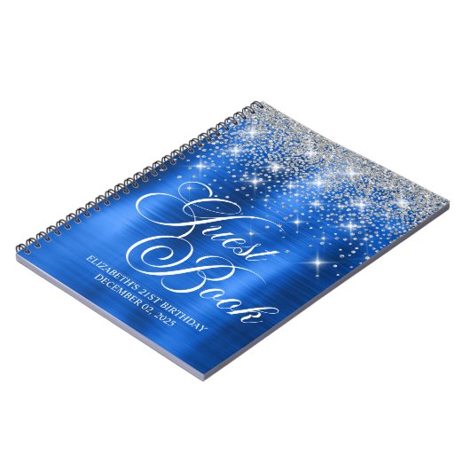 Chic Silver Glitzer Royal Blue 21st Bday Gästebuch Notizblock (Linke Seite)