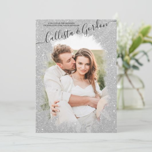 Chic Silver Glitzer Script Foto Collage Wedding Einladung (Stehend Vorderseite)