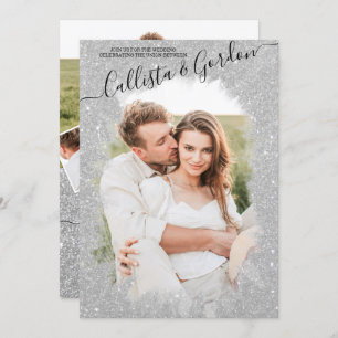 Chic Silver Glitzer Script Foto Collage Wedding Einladung