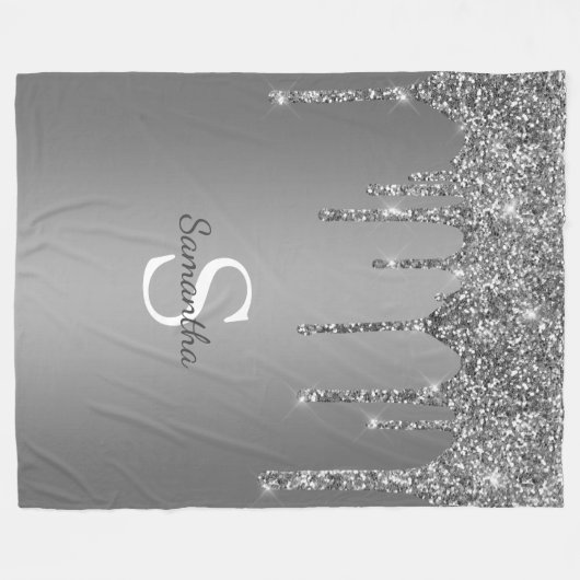 Chic Silver Glitzer Sparkle Tropfens Monogram Name Fleecedecke (Vorderseite (Horizontal))