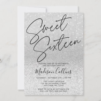 Chic Silver Glitzer Sweet 16 Einladung