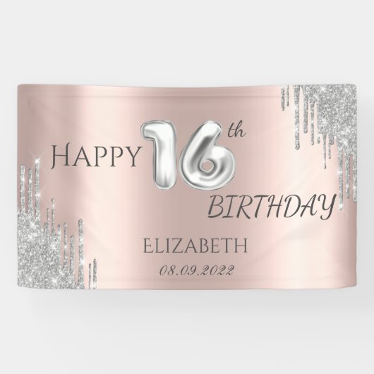 Chic Silver Glitzer Tropfen 16. Geburtstag Banner (Horizontal)