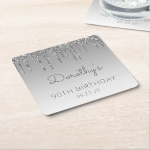 Chic Silver Glitzer Tropfen 90. Geburtstagsparty Rechteckiger Pappuntersetzer