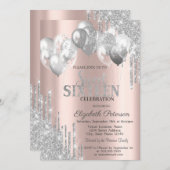 Chic Silver Glitzer Tropfen Balloons Sweet 16 Einladung (Vorne/Hinten)