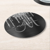 Chic Silver Glitzer Tropfen Brushed Metallic Name Runder Pappuntersetzer (Angewinkelt)