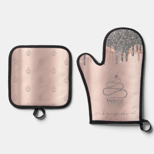 Chic Silver Glitzer Tropfen Cupcake Rose Gold Ofenhandschuh & Topflappen-Set (Vorderseite)