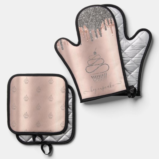 Chic Silver Glitzer Tropfen Cupcake Rose Gold Ofenhandschuh & Topflappen-Set (Vorderseite/Rückseite)
