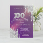 Chic Silver Glitzer Tropfen Lila 100. Geburtstag Einladung (Stehend Vorderseite)