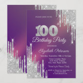 Chic Silver Glitzer Tropfen Lila 100. Geburtstag Einladung (Vorne/Hinten)