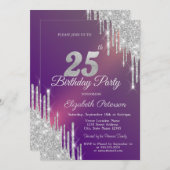 Chic Silver Glitzer Tropfen Lila 25. Geburtstag Einladung (Vorne/Hinten)