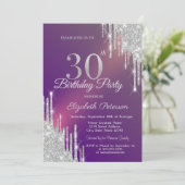 Chic Silver Glitzer Tropfen Lila 30. Geburtstag Einladung (Stehend Vorderseite)