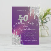 Chic Silver Glitzer Tropfen Lila 40. Geburtstag Einladung (Stehend Vorderseite)