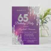 Chic Silver Glitzer Tropfen Lila 65. Geburtstag Einladung (Stehend Vorderseite)