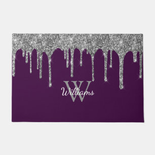 Chic Silver Glitzer Tropfen Monogram Name Lila Fußmatte