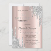 Chic Silver Glitzer Tropfen Rose Gold Bat Mitzvah Einladung (Vorderseite)