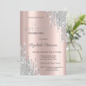 Chic Silver Glitzer Tropfen Rose Gold Bat Mitzvah Einladung (Stehend Vorderseite)