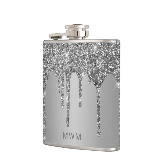 Chic Silver Glitzer Tropfen Sparkle Monogram 6 oz Flachmann (Links)