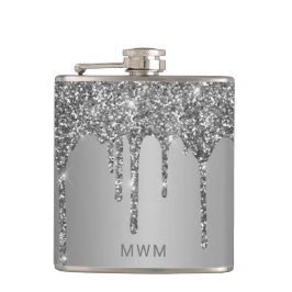 Chic Silver Glitzer Tropfen Sparkle Monogram 6 oz Flachmann