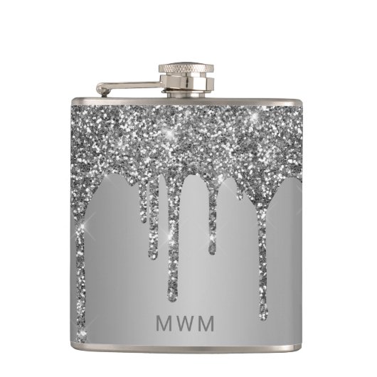 Chic Silver Glitzer Tropfen Sparkle Monogram 6 oz Flachmann (Vorderseite)