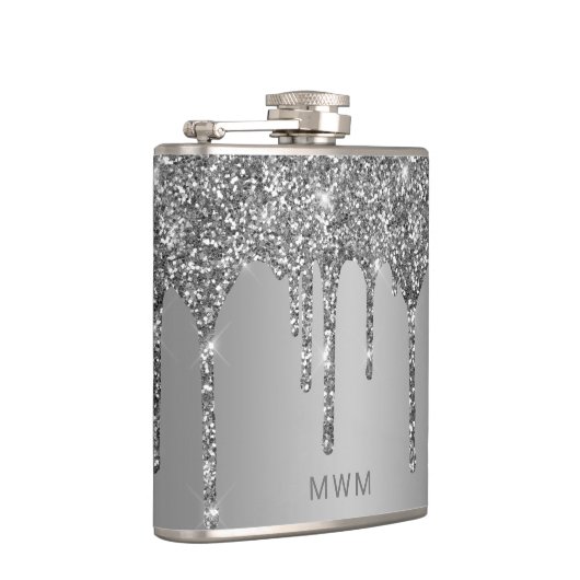 Chic Silver Glitzer Tropfen Sparkle Monogram 6 oz Flachmann (Rechts)