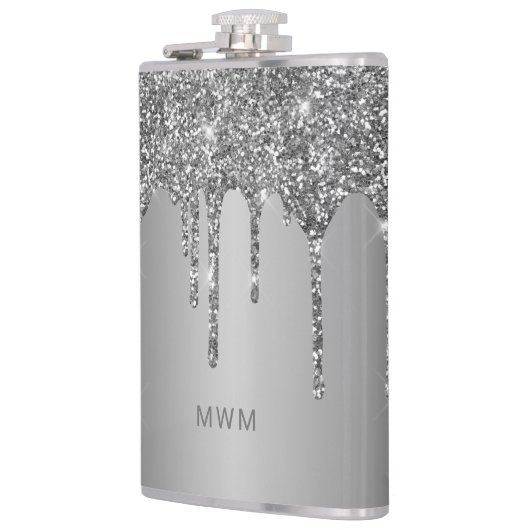 Chic Silver Glitzer Tropfen Sparkle Monogram Flachmann (Links)