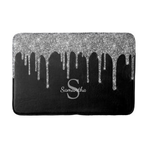 Chic Silver Glitzer Tropfen Sparkle Monogram Name Badematte