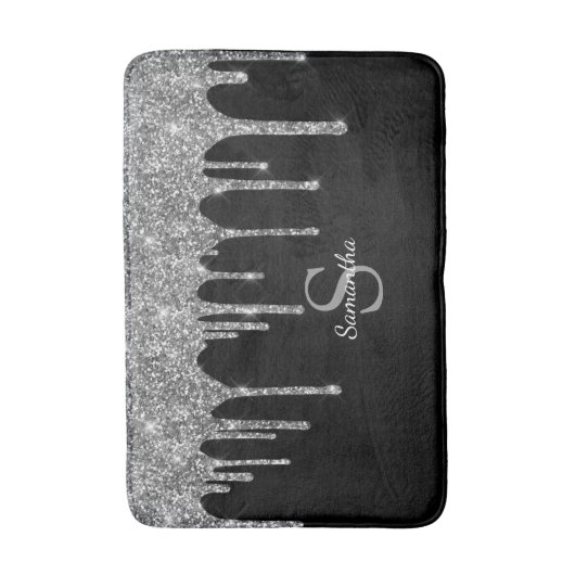 Chic Silver Glitzer Tropfen Sparkle Monogram Name Badematte (Vorderseite Vertikal)