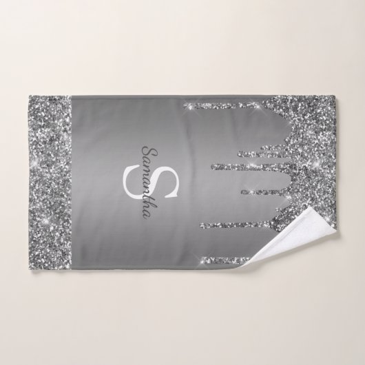 Chic Silver Glitzer Tropfen Sparkle Monogram Name Badhandtuch Set (Handtuch)