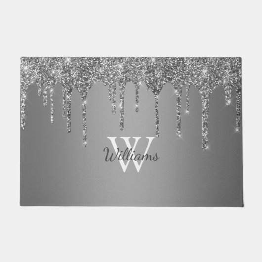 Chic Silver Glitzer Tropfen Sparkle Monogram Name Fußmatte (Vorderseite)