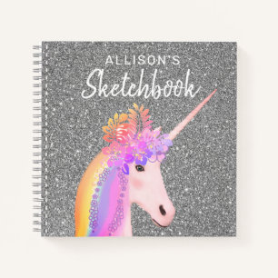 Chic Silver Glitzer Unicorn Sketchbook Skriptname Notizblock