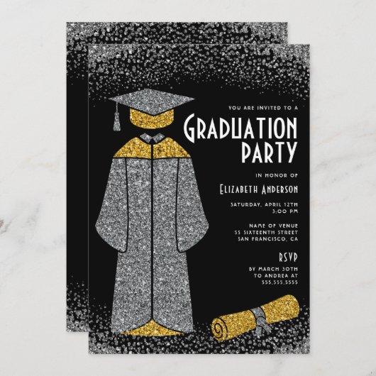Chic Silver Gold Glitzer Graduation Party Einladung (Vorne/Hinten)