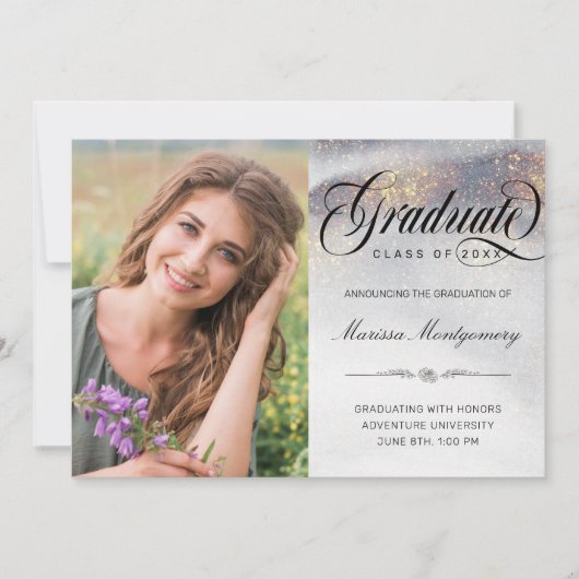 Chic Silver Gold Glitzern Foto Abschluss Ankündigung (Vorderseite)