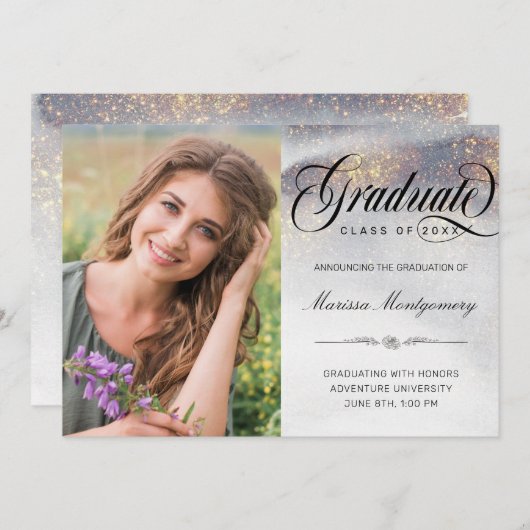 Chic Silver Gold Glitzern Foto Abschluss Ankündigung (Vorne/Hinten)
