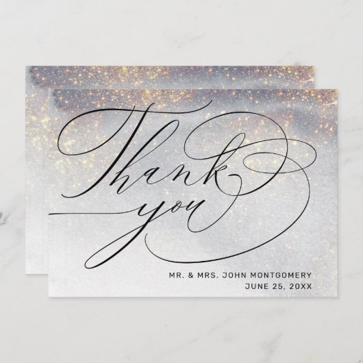 Chic Silver Gold Glitzern Watercolor Wedding Danke (Vorne/Hinten)