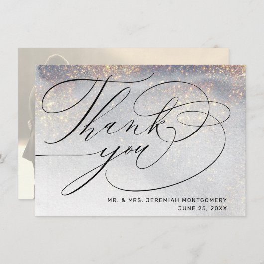 Chic Silver Gold Glitzern Watercolor Wedding Foto Dankeskarte (Vorne/Hinten)