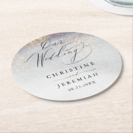 Chic Silver Gold Sparkle Watercolor Luxus Hochzeit Runder Pappuntersetzer