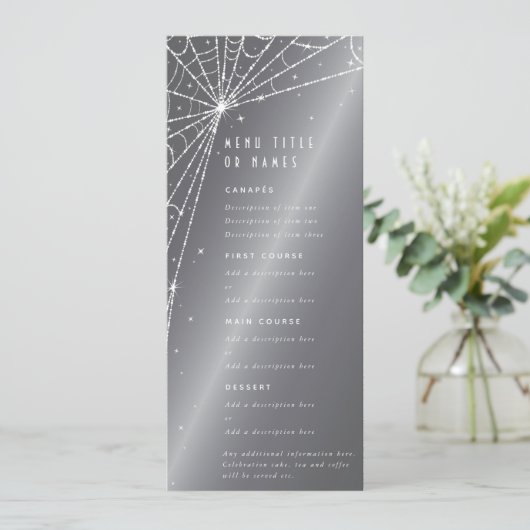Chic Silver-Gray Diamond Spider Web Flat 4 Course Menükarte (Stehend Vorderseite)