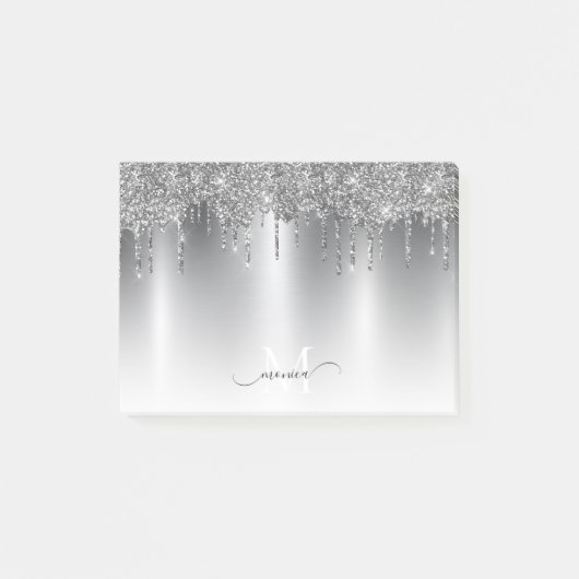 Chic Silver Gray Driving Glitzer Monogram Name Post-it Klebezettel (Vorderseite)
