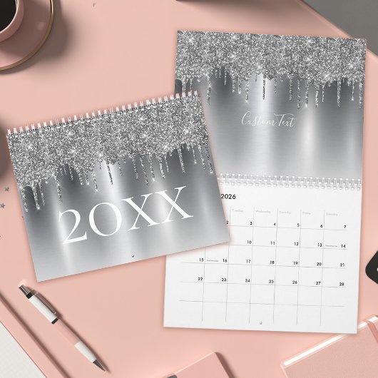 Chic Silver Gray Glitzer Ombre Monogram Kalender
