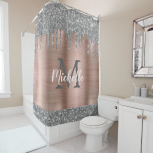 Chic Silver Gray Glitzer Tropfen Pink Metal Monogr Duschvorhang