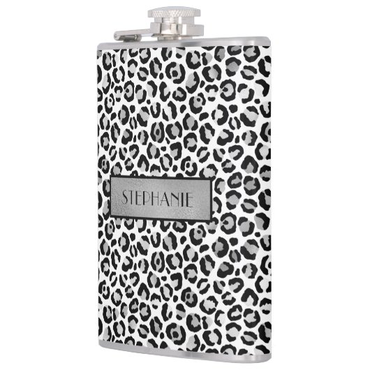 Chic Silver Leopard Print Personalisiert Flachmann (Links)
