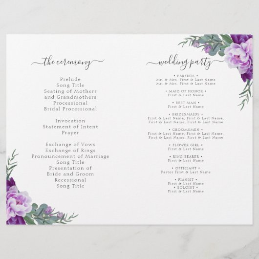 Chic Silver Lila Floral Folded Wedding Programm (Rückseite)
