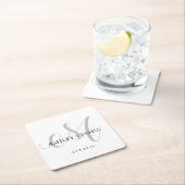 Chic Silver M Monogram Script Name Wedding Date Rechteckiger Pappuntersetzer (Vor Ort)