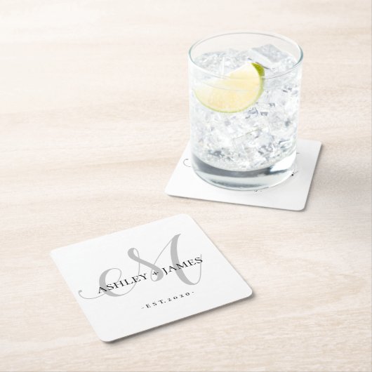 Chic Silver M Monogram Script Name Wedding Date Rechteckiger Pappuntersetzer (Vor Ort)