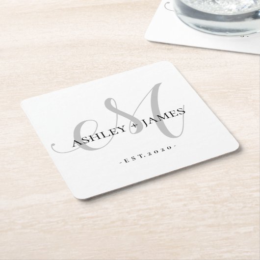 Chic Silver M Monogram Script Name Wedding Date Rechteckiger Pappuntersetzer (angewinkelt)