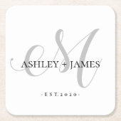 Chic Silver M Monogram Script Name Wedding Date Rechteckiger Pappuntersetzer (Vorderseite)