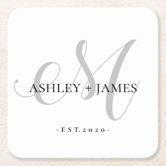 Chic Silver M Monogram Script Name Wedding Date Rechteckiger Pappuntersetzer (Vorderseite)