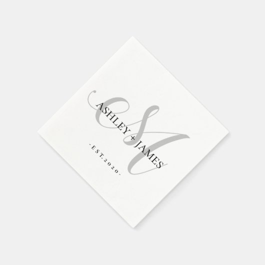 Chic Silver M Monogram Script Name Wedding Date Serviette (Ecke)