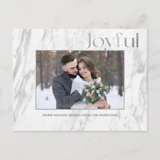 Chic Silver Marble Joyful Typografy Foto Postkarte (Vorderseite)