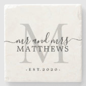 Chic Silver Monogram Script Name Wedding Date Steinuntersetzer (Vorderseite)